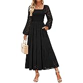 ZESICA Women's Spring Long Sleeve Maxi Dresses 2026 Square Neck Hollow Out Eyelet Smocked A Line Cocktail Party Dress