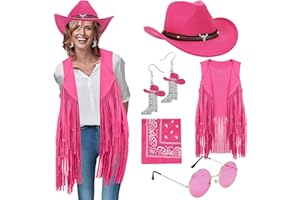 5 Pcs Western Cowgirl Outfits Hippie Costume Accessories Cowboy Hat Tassels Fringe Vest Earring Glasses Bandana