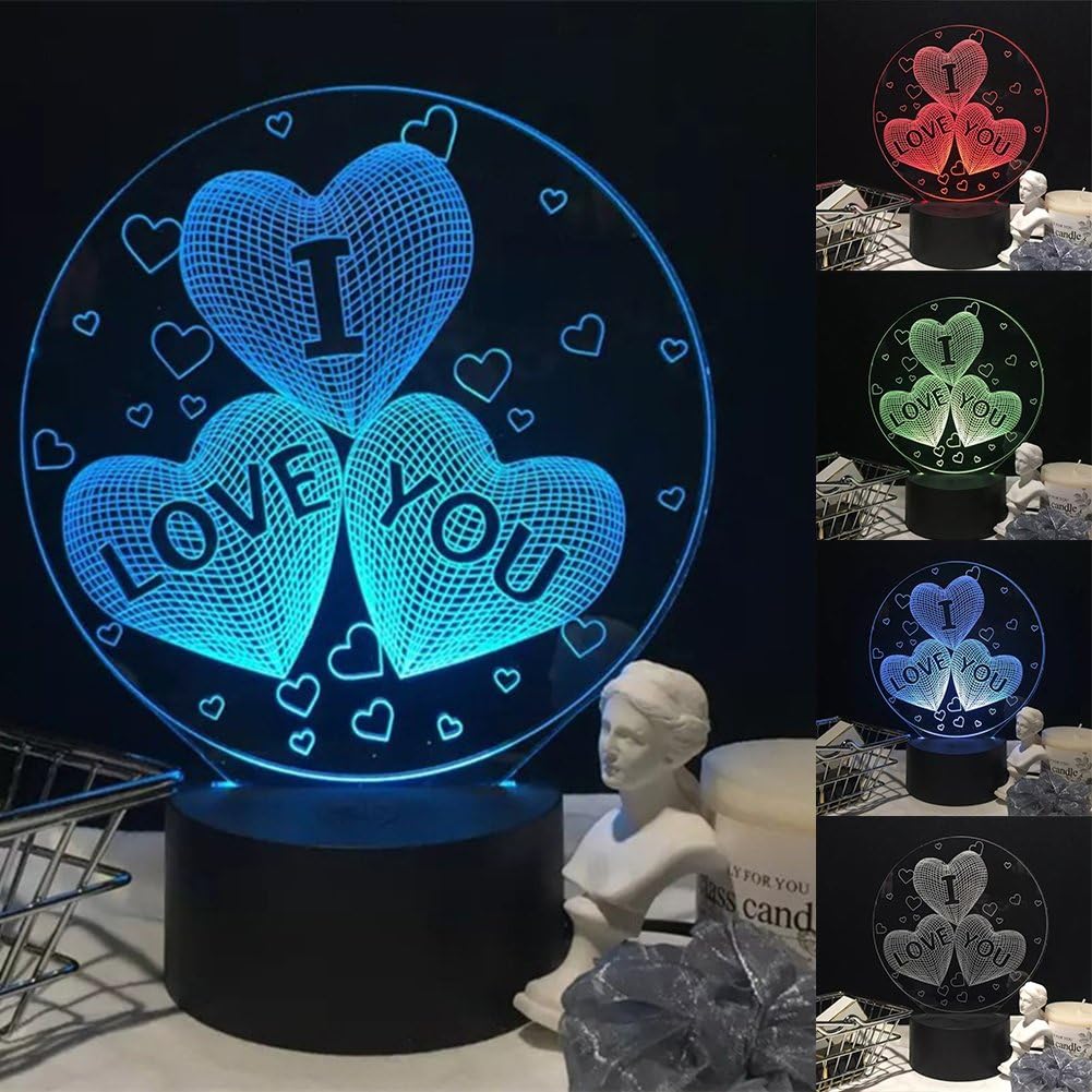 pushfocourag Interior lightingRomantic 3D Illusion I LOVE YOU Heart Bedside Lamp LED Night Light Table Decor for Her Valentine's Day Anniversary Wedding and Proposal