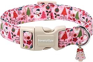 Lionet Paws Christmas Dog Collar- Cute Snowman Christmas Tree Dog Collars with Plastic Buckle and Xmas Tree Pendant, Light Pink Dogs Collar for Small Medium Dogs