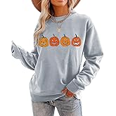 CM C&M WODRO Halloween Women Pumpkin Sweatshirt Funny Pumpkin Face Graphic Pullover Crewneck Long Sleeve Fall Shirts Top