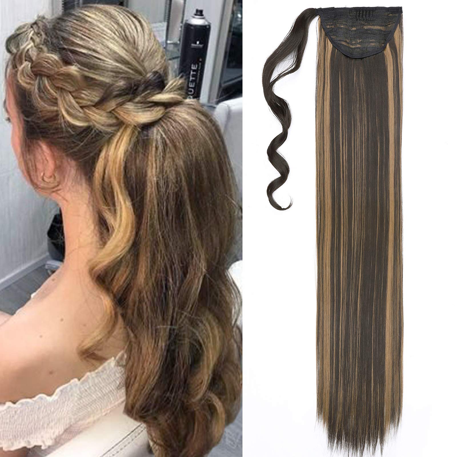 32" Straight Wrap Around Ponytail Clip In Hair Extensions Silky One Piece Long Hairpiece For Women Beauty - Dark Brown & Sandy Blonde