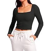 CRZ YOGA Womens Butterluxe Double Lined Long Sleeve Crop Top Square Neck Workout Athletic Casual Cropped Fitted Basic Shirts