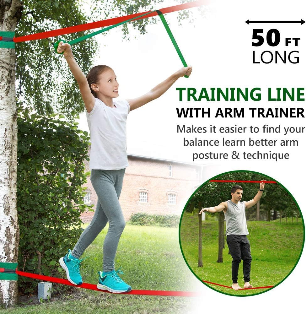 Ninja Warrior Obstacle Course for Kids - 2X50FT Ninja Slackline with Most Complete Accessories for Kids, Swing, Trapeze Swing, Rope Ladder, Obstacle Net Plus 1.2M Arm Trainer (Double Line Design): Toys & Games