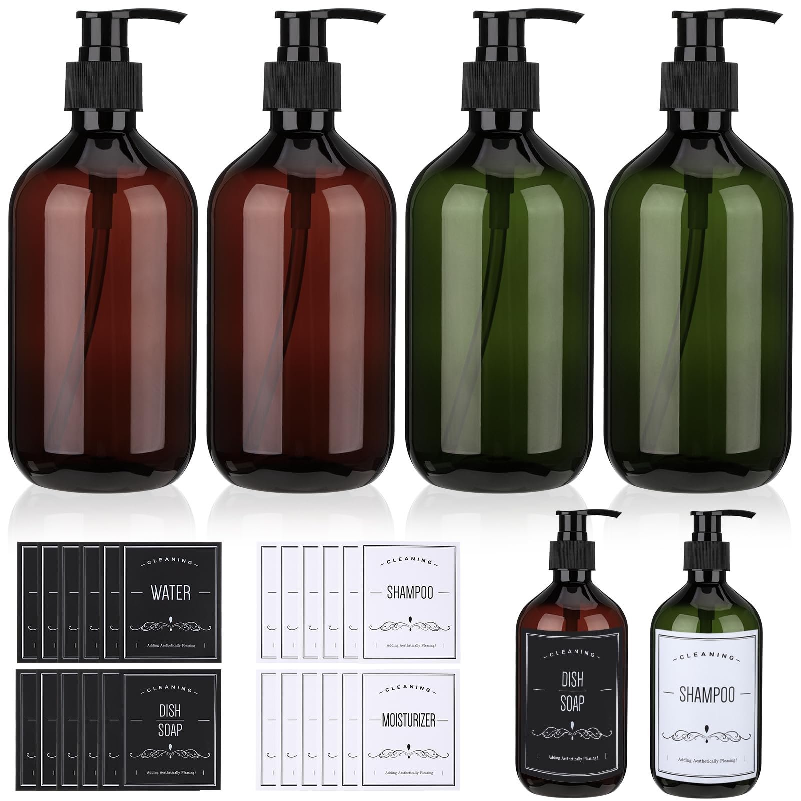 KroY PecoeD 4-Piece Pump Dispenser Set, 500ml Empty Plastic Soap Dispenser with Labels, Refillable Shampoo & Conditioner Bottles with Pump for Lotion, Shower Gel