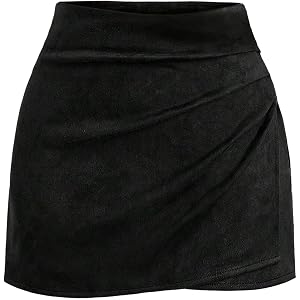 Pink Queen High Waist Ruched Faux Leather Suede Wrap Mini Skirts for Women | Bodycon, A Line, High Waisted, Wrap Hem, Ruched,
