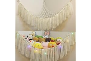 YELIENM Stuffed Animals Net or Hammock with LED Light, 59 inch Toy Hammock Net for Stuffed Animals Corner Hanging Stuffed Animal Storage Stuffed Animal Holder for Nursery Kids Bedroom… (White)