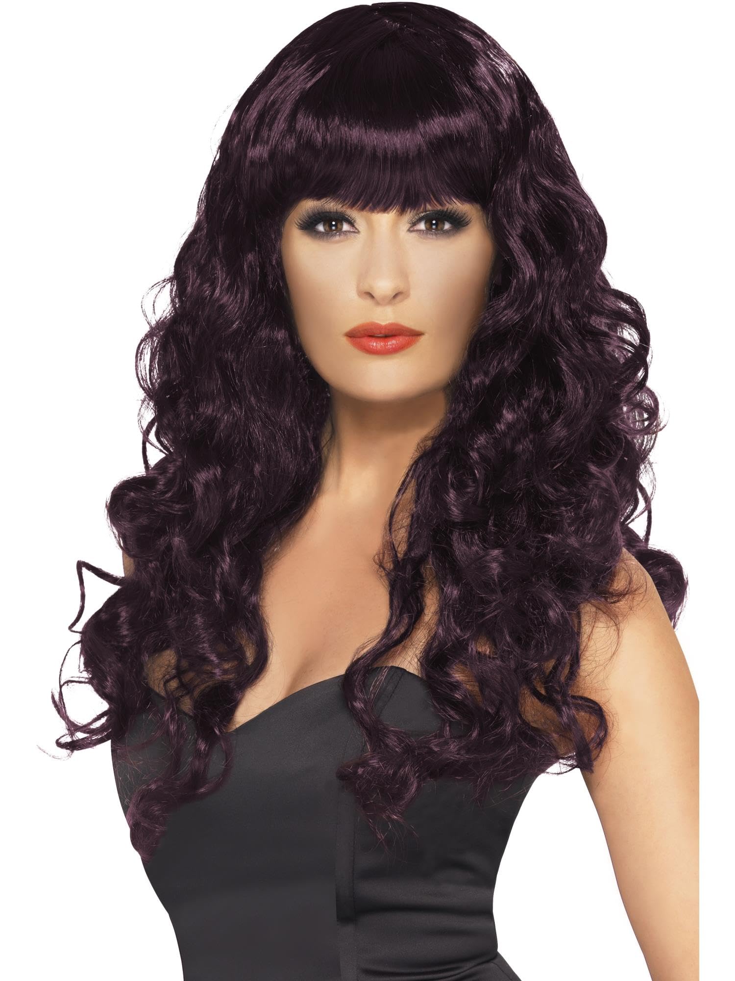 Smiffys Siren Wig, Plum Long, Curly with Fringe, Ladies Glamour Wigs Fancy Dress, Adult Dress Up Wigs