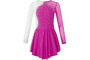 TSSOE Kids Girls Long Sleeves Glitter Rhinestone Figure Skating Dress Dance Performance Costume