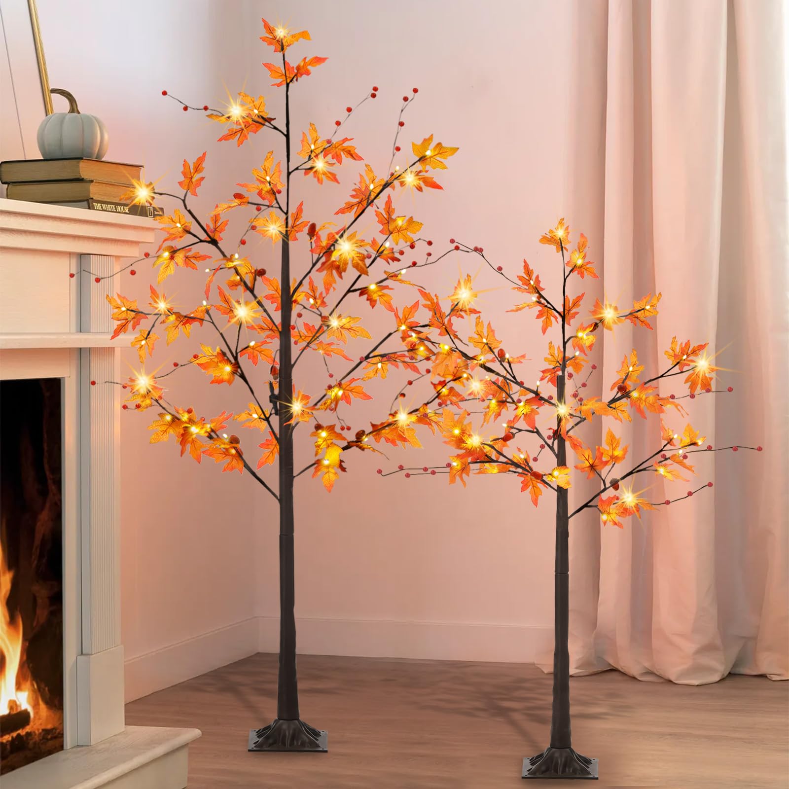 Photo 1 of Fall Lighted Maple Tree, 4FT+5FT Prelit Artificial Fall Acorn Trees with Timer Function Warm White Lights Thanksgiving Fall Decorations for Indoor Outdoor Harvest
