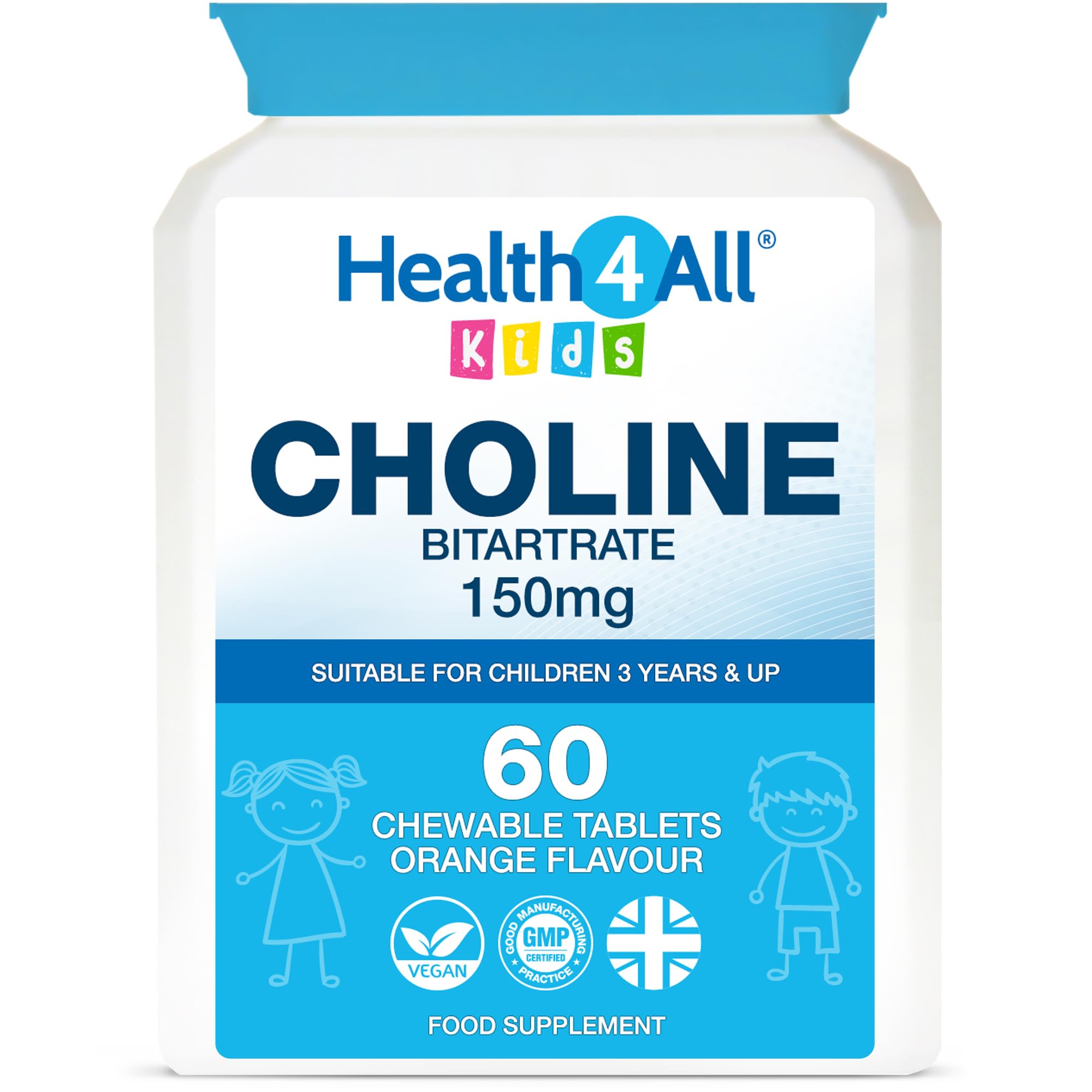 Health4All Kids Choline 150mg 60 Chewable Tablets for Children 3+, Supports Memory, Learning and Mood, Natural Vegan Orange Flavour, Sugar-Free | Made in UK (Not Gummies)