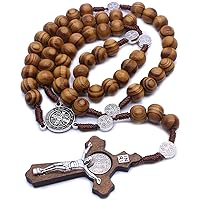 CheeseandU Catholic Wooden Rosary Olive Beads Rosary Prayer Beads Cross Necklace Holy Soil Medal Handmade Wooden Rosaries wit
