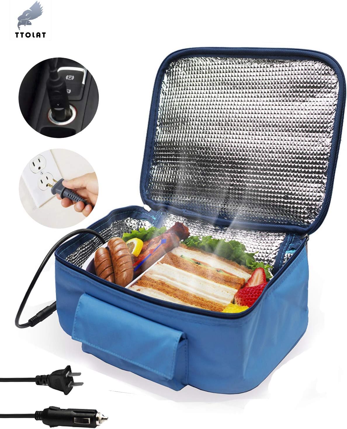 TTOLAT Mini Portable Oven Heated lunch box(12V and 110V Dual Use) Heating hamburger lunch and other food portable heating electric box，Lunch Box for Office, Travel, Potlucks, and Home Kitchen- Blue