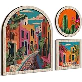 3 Pcs Vibrant Colorful Mexican Wall Art, Framed Mexican Folk Art Wall Decor | Tropical Botanical Street Prints for Living Room Office Boho Home