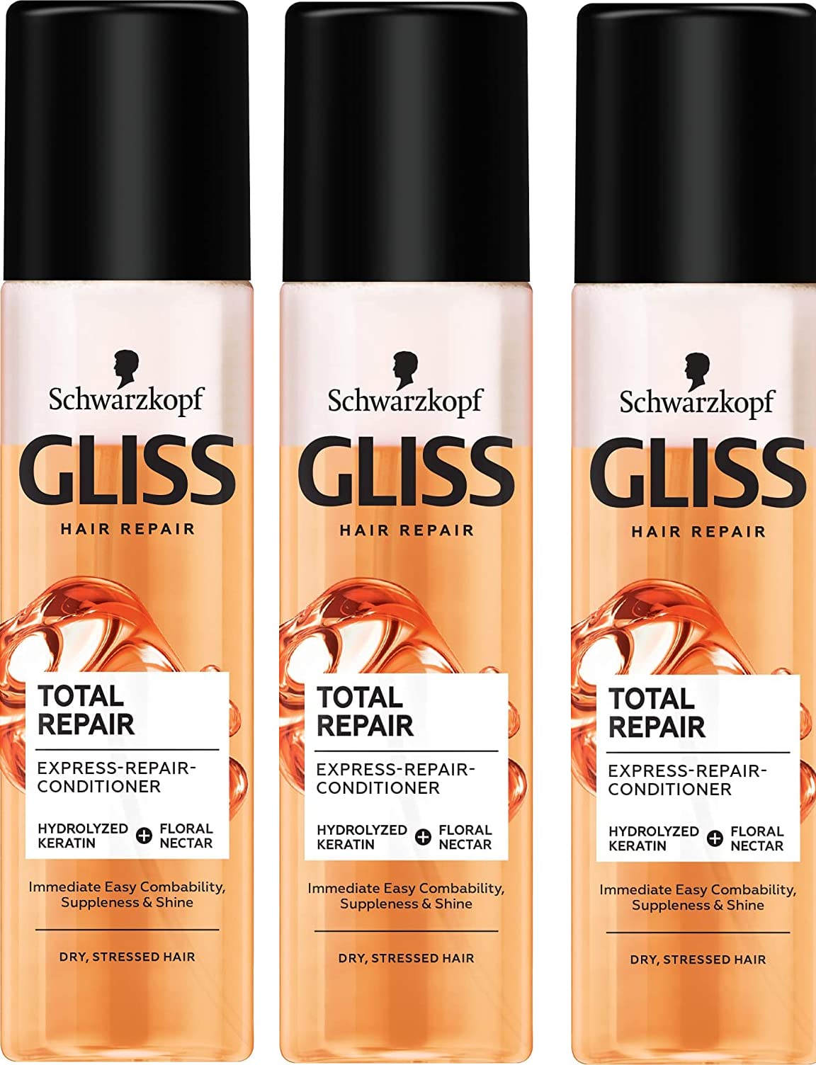 '3 x Gliss Kur Express Repair Conditioner Total Repair For Dry, Damaged Hair 200 Ml