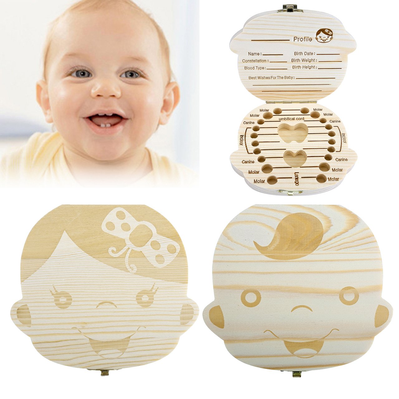 Baby Teeth Box, Yoption Child Milk Teeth Save Wooden Keepsake Souvenir Box, Customize Personalized Baby Tooth Box for Kids Boy&Girl (English, Girl)