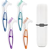 4 Pcs Denture Brush Set for False Teeth with White Carrying Case, Denture Toothbrushes with Double Sided Design, Dental Brush with Multi-Layered Soft Bristles and Rubber Anti-Slip Handle, 4 Colors
