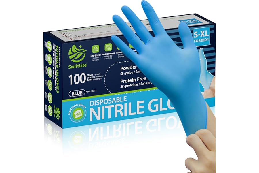 SWIFTLITE Blue Nitrile Gloves Disposable Latex Free, Food Safe | Rubber Gloves Powder Free for Food Prep, Cooking, Kitchen Cleaning