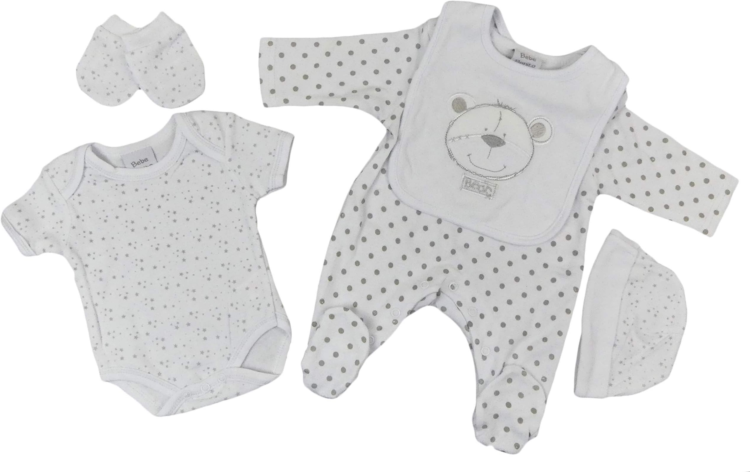 Baby Sleepsuit Vest Bib Mitts Cradle Cap Layette Five Piece Set Boys Girls Unisex (White Bear, Newborn)