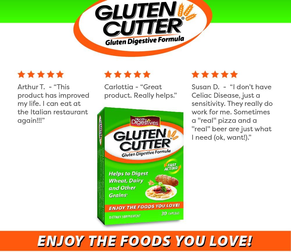 Healthy Digestives Gluten Cutter enzyme formula - Helps Improve your bodies Gluten digestion and assist in breaking down Wheat, Dairy and Other Grains - 30 Servings, Capsules: Health & Personal Care