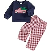 Lenjindjer Toddler Baby Boys Christmas Outfits Santa Truck Print Long Sleeve Sweatshirts Plaid Long Pants 2Pcs Fall Clothes