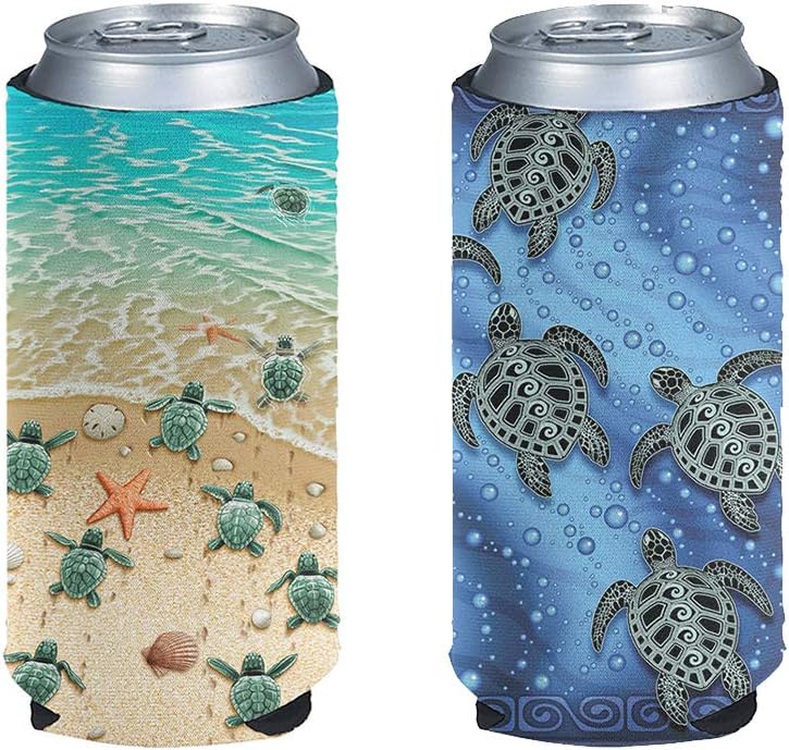 NETILGEN Slim Can Sleeves Soft Insulator for Tall Beverage, Beach Turtle Beer Cans Cooler, Cooize Skinny Insulators Covers for Energy Cover-2 Pack