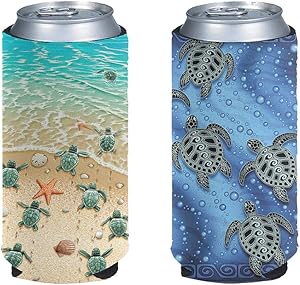 NETILGEN Slim Can Sleeves Soft Insulator for Tall Beverage, Beach Turtle Beer Cans Cooler, Cooize Skinny Insulators Covers for Energy Cover-2 Pack