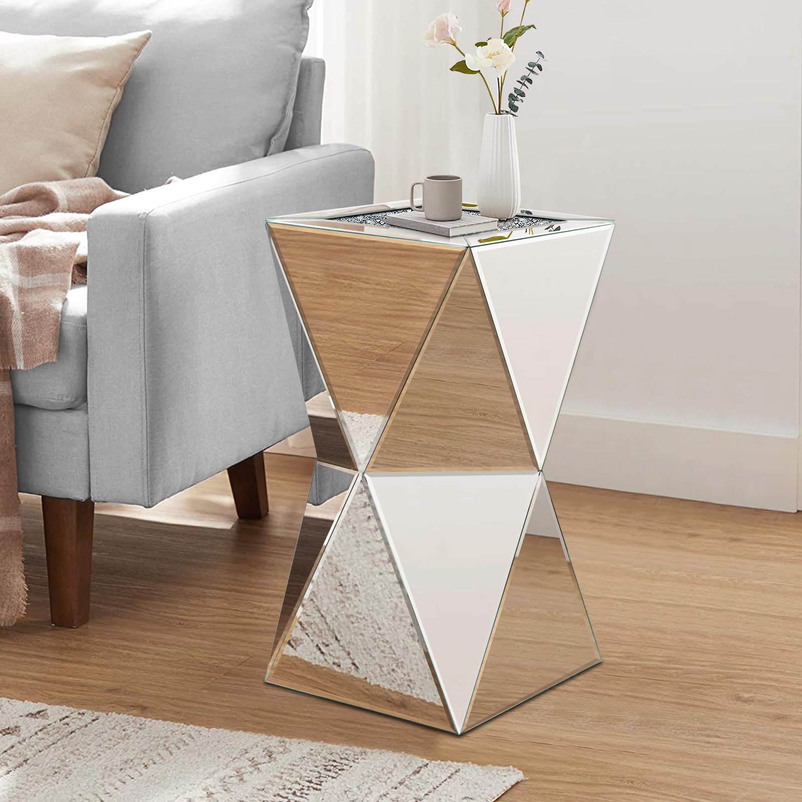 Photo 1 of Pregaspor Sliver Mirrored End Table, Crushed Diamond Top Accent Side Table, Geometric Small Mirrored Coffee Table for Living Room, Bedroom, Corner, Small Space