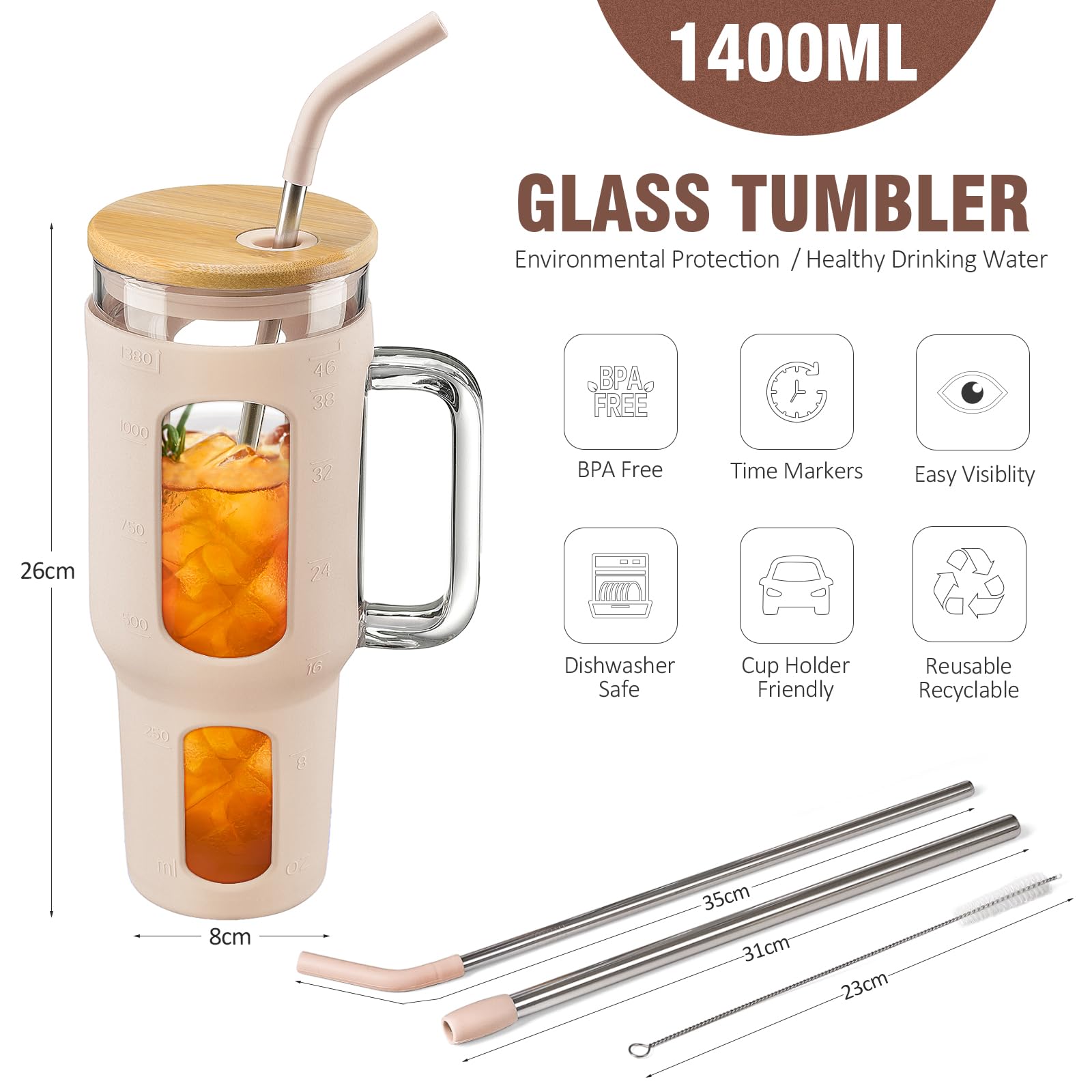 BLUEGO Tumbler becher mit Deckel und Strohhalmen, 1400ml Kaffeebecher To Go mit Henkel, Trinkbecher mit Silikonhülle, 1,4 L Tumbler becher mit 2 Strohhalmen, BPA-frei, Amber 5