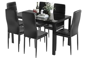 DKLGG 7-Piece Dining Table Set for 6, Glass Dining Room Table with 6 PU Leather Chairs, Modern Kitchen Table Set, Saving Space Dining Set for Dinette, Small Space, Black