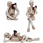 Dlfghos 3 Pieces Halloween Skeleton Statue Halloween Skull Figurine Home Decor Reading Skeleton Figurines Decorations for Indoor Fireplace Home Kitchen Desk Office Party