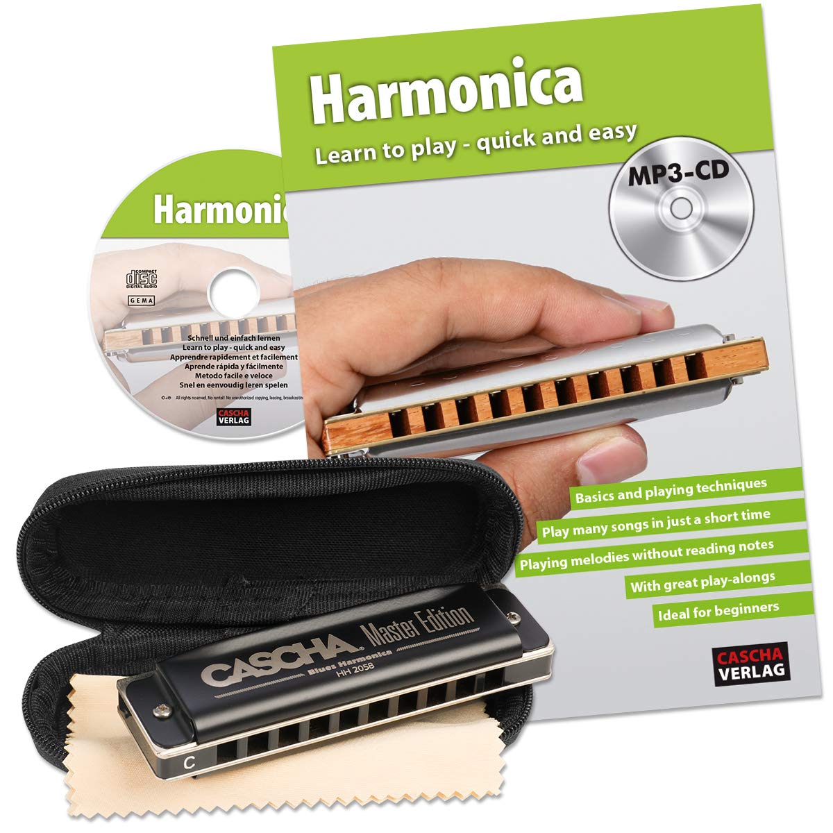 CASCHA harmonica learning set including high-quality harmonica in C-Major diatonic, English beginners' school, case and care cloth, ideal for beginners and adults