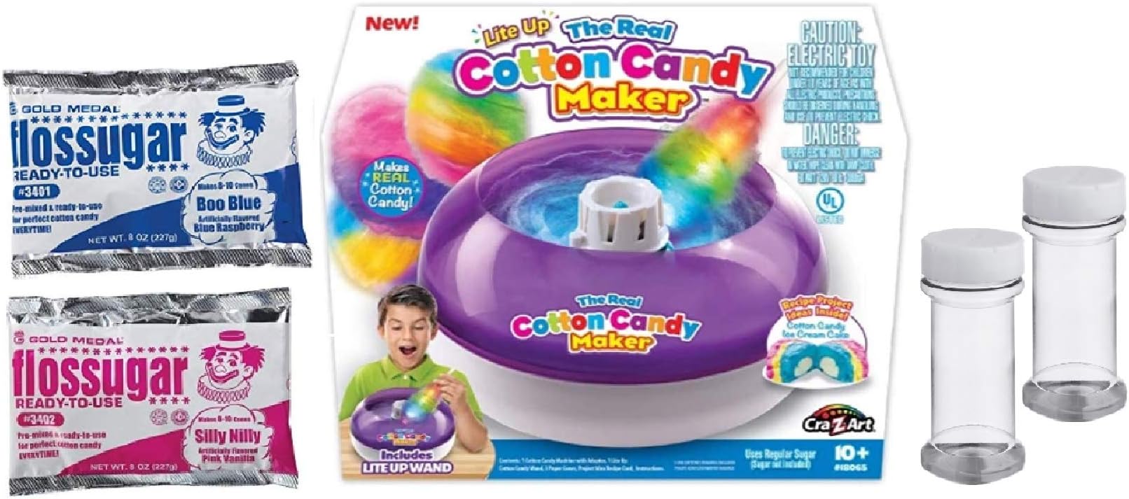 Kids Real Cotton Candy Maker Bundle Includes Pink Vanilla and Blue Raspberry Floss Sugar Refill Packs Plus Plastic Storage Jars