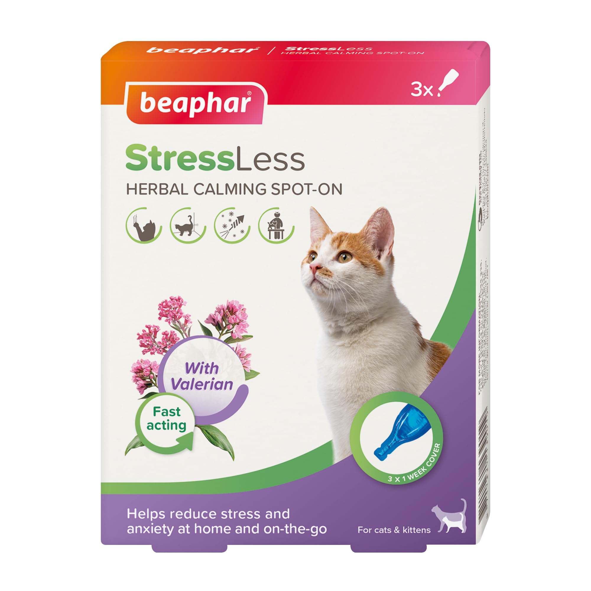 Beaphar – StressLess Herbal Calming Spot-On for Cats – Reduces Stress & Anxiety at Home and On-the-Go – With Valerian Extract – For Cats & Kittens – 3 x 1 Week Doses –Easy-to-Use Spot-On Pipettes