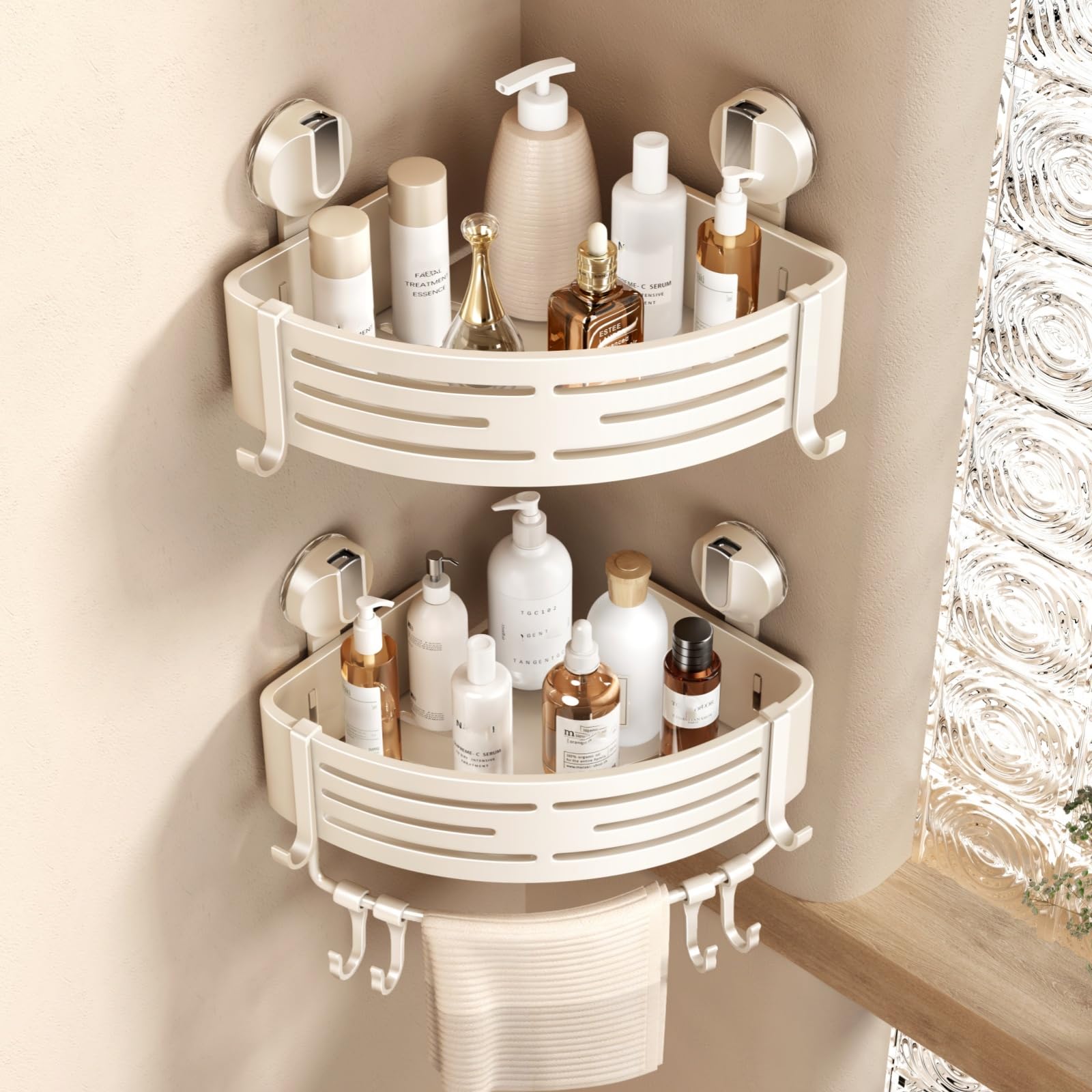 Photo 1 of VOLPONE Corner Shower Caddy Suction Cup Shower Shelf Corner No Drilling Bathroom Shower Organizer Storage Rack Adhesive with Towel Bar (2-Pack, Ivory)