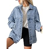 SHEWIN Womens Denim Jacket Casual Long Sleeve Drop Shoulder Button Front Jean Jacket Coat With Pockets