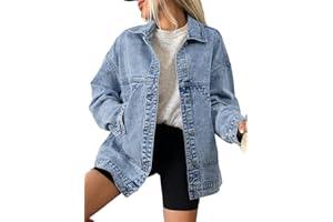 SHEWIN Womens Denim Jacket Casual Long Sleeve Drop Shoulder Button Front Jean Jacket Coat With Pockets