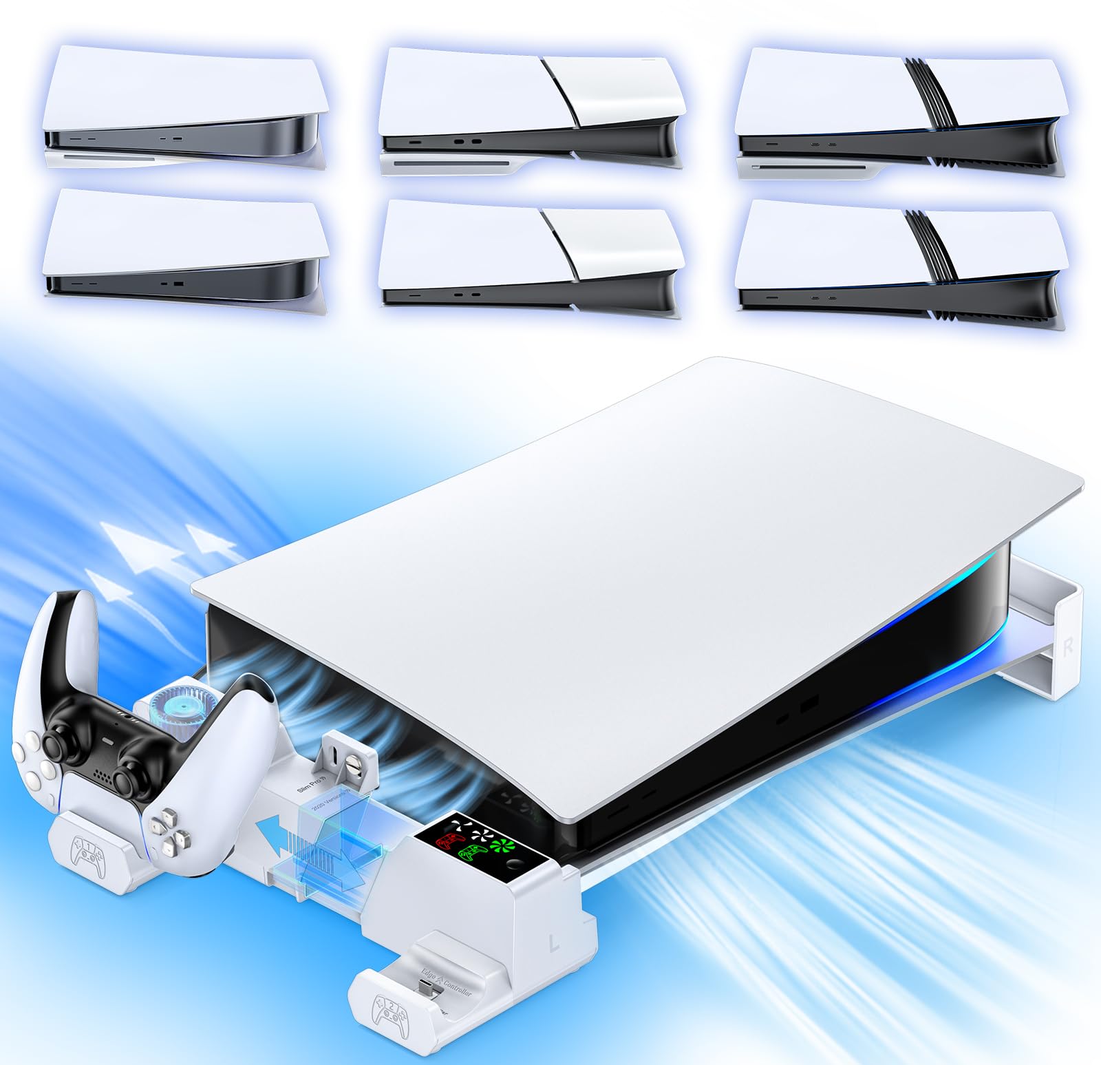 Photo 1 of PS5/Slim/Pro Horizontal Stand with Cooling Fan & Charger for Original & Edge Controllers, Scalable Design PS5 Accessories Base with EVA Foams for All PS 5 Disc & Digital, PS 5 Sideways Stand White