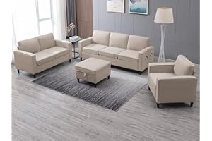 ZAFLY 3 Pieces Living Room Sofa Set, Linen Couch and Loveseat & Chair Sets with Ottoman & Armchair, Modular Sectional Sofa Couch Furniture Set, Wood Legs Sofas Couches for Living Room - Beige