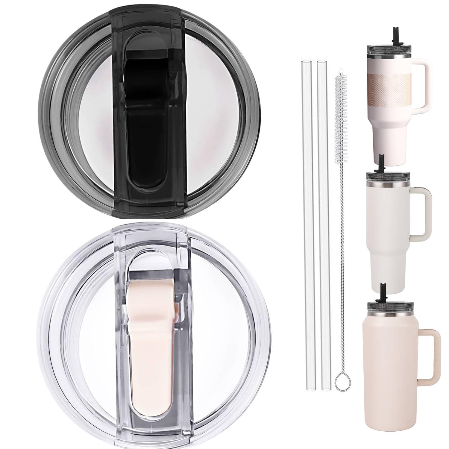 Photo 1 of 2PC Replacement Leak Proof Tumbler FLIP Lid With Straw - Fit For Stanley ProTour Quencher and Quencher H2.0 40oz,64oz Tumbler (CREAM-A AND BLACK, 40oz and 64oz)