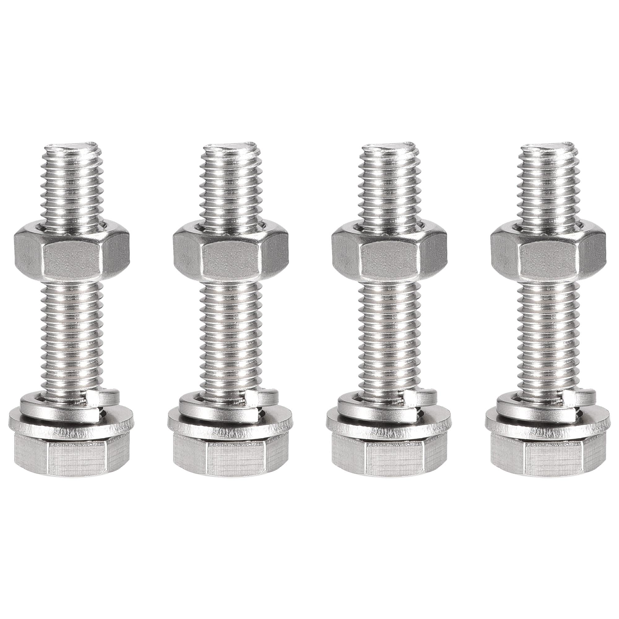 sourcing map M10 x 50mm Hex Head Screws Bolts, Nuts, Flat & Lock Washers Kits, 304 Stainless Steel Fully Thread Hexagon Bolts 4 Sets