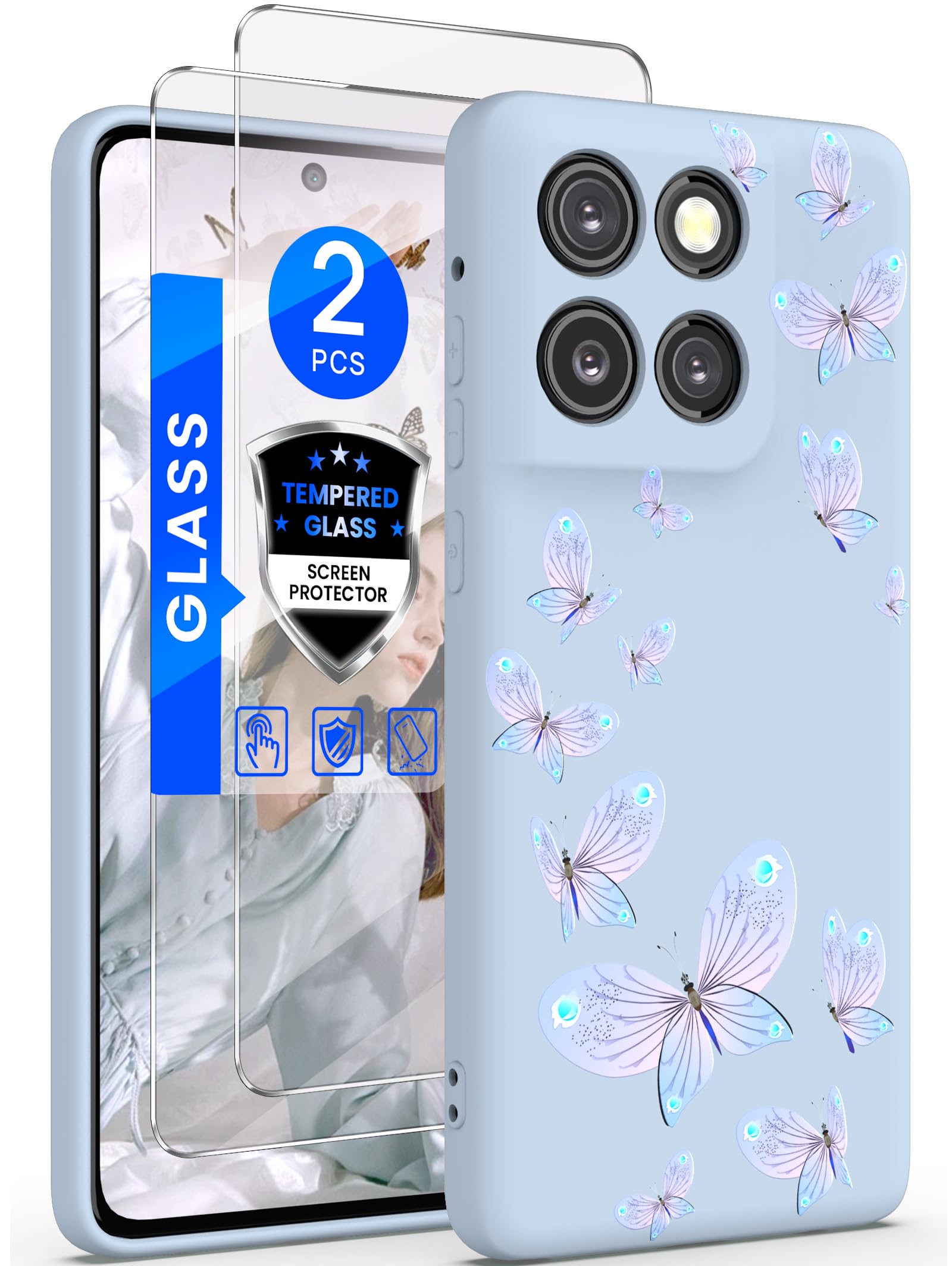 Yucenx for Motorola G Stylus 5G 2025 Case with 2X Tempered Glass Screen Protectors, Girls Women Florals Liquid Silicone Phone Case, Shockproof Anti-Scratch Soft Protection Case (Purple Butterfly)