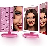 Impressions Vanity Hello Kitty Pink A Dot Trifold LED Makeup Mirror with Artwork, Vanity Mirror with Strip LED Tri Tone Light, Dual Magnification Touch Sensor, and Adjustable Tilt, Catchall Storage