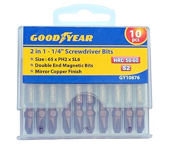 GOODYEAR 2 IN 1-1/4 MAGNETIC SCREWDRIVER BITS (65mm x PH2 X SL6) (PACK OF 10)