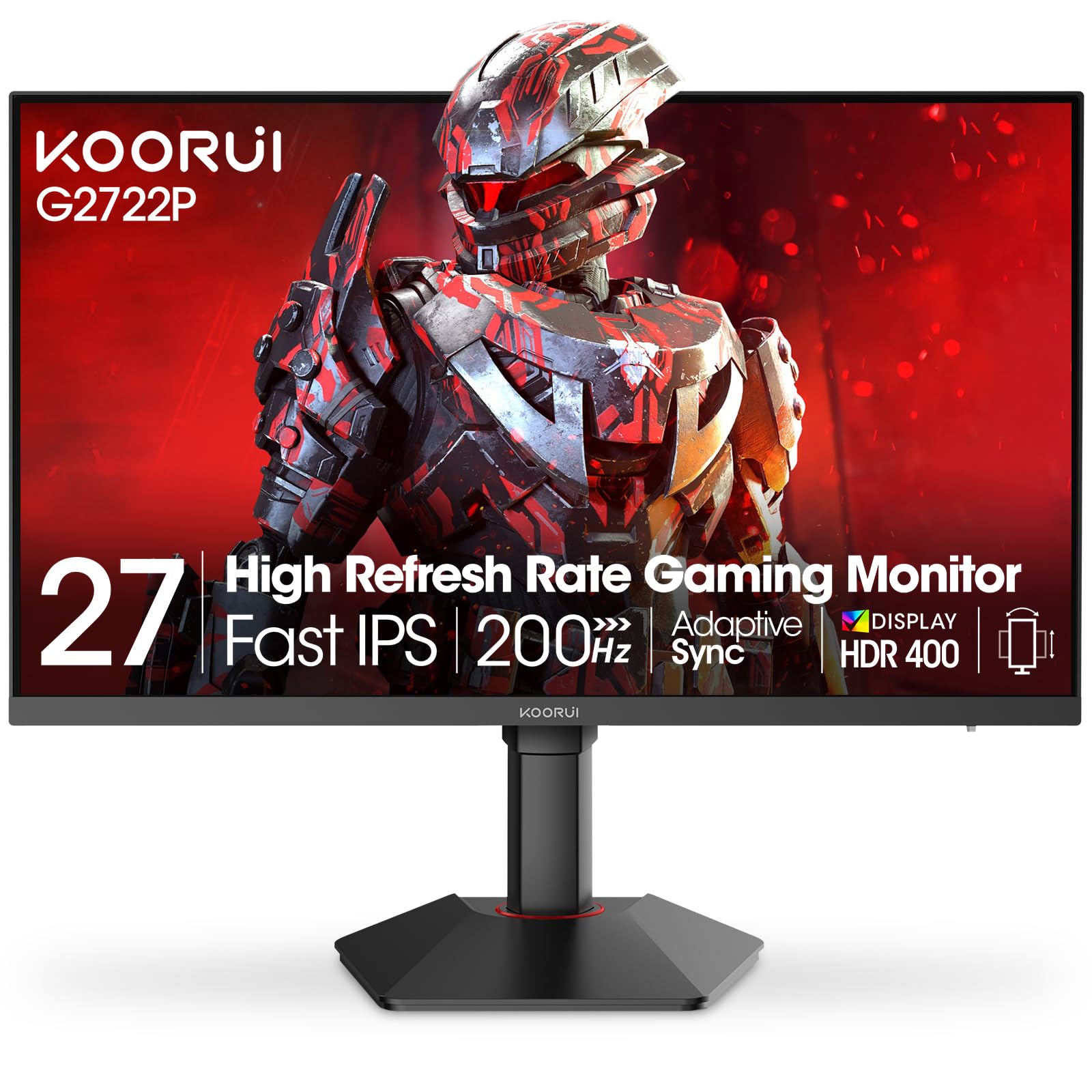 KOORUI 27 Inch QHD Gaming Monitor, 200Hz Monitor, 1ms, Fast IPS, HDR400, 95% DCI-P3 Color Gamut, Height/Pivot/Tilt Adjustability, Adaptive Sync Technology, HDMI & DP Ports, 2K Display, Black G2722P