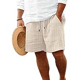 ROOMLINE Mens Linen Shorts Flat Front Casual Elastic Waist Drawstring Summer Beach Vacation Shorts with Pocket