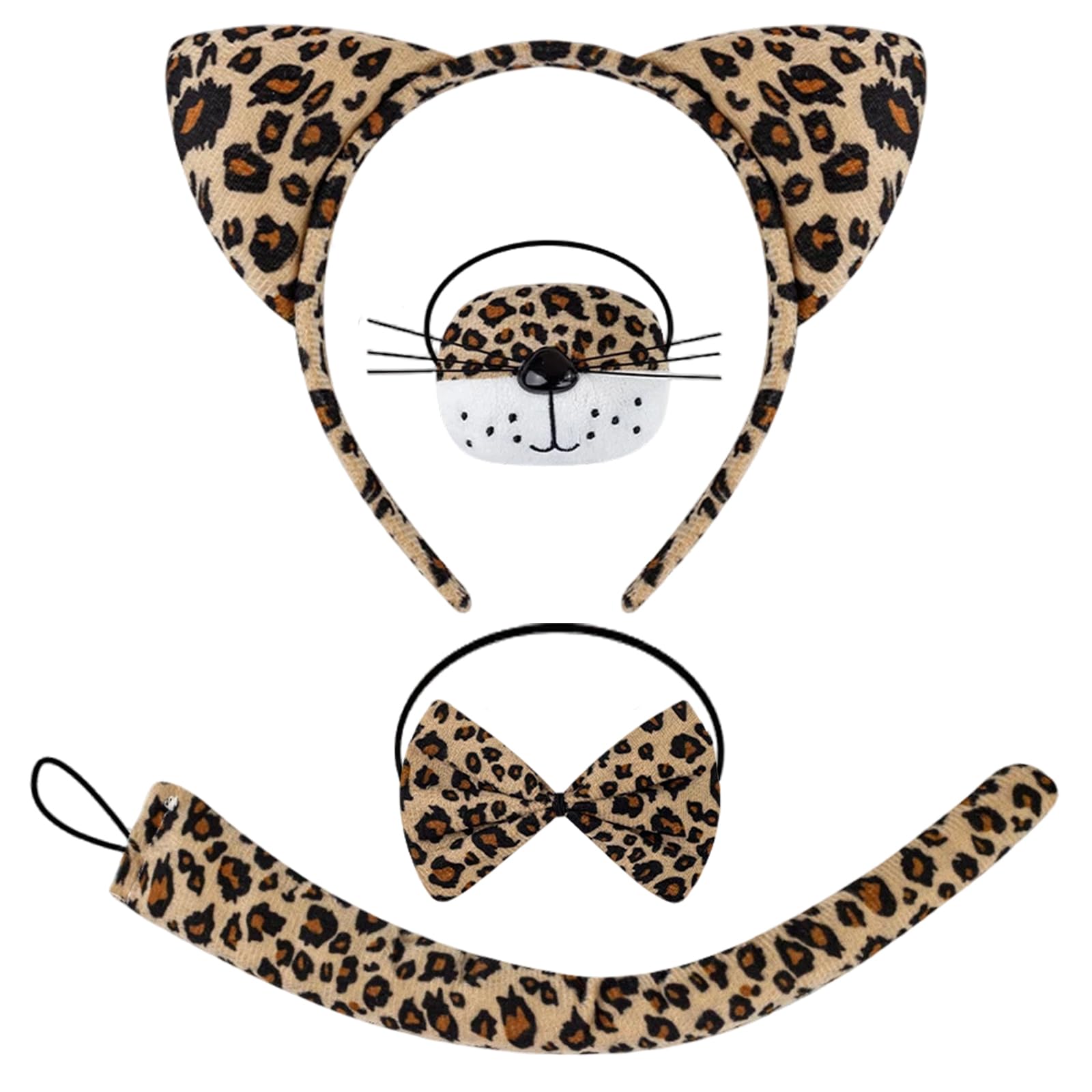 Dazzroi 4Pcs Leopard Costume Accessories Set, Cute Animal Cosplay Set Includes Furry Leopard Ears Headband Bow Tie Nose Tail, Leopards Fancy Dress Kit for World Book Day Halloween Party Carnival