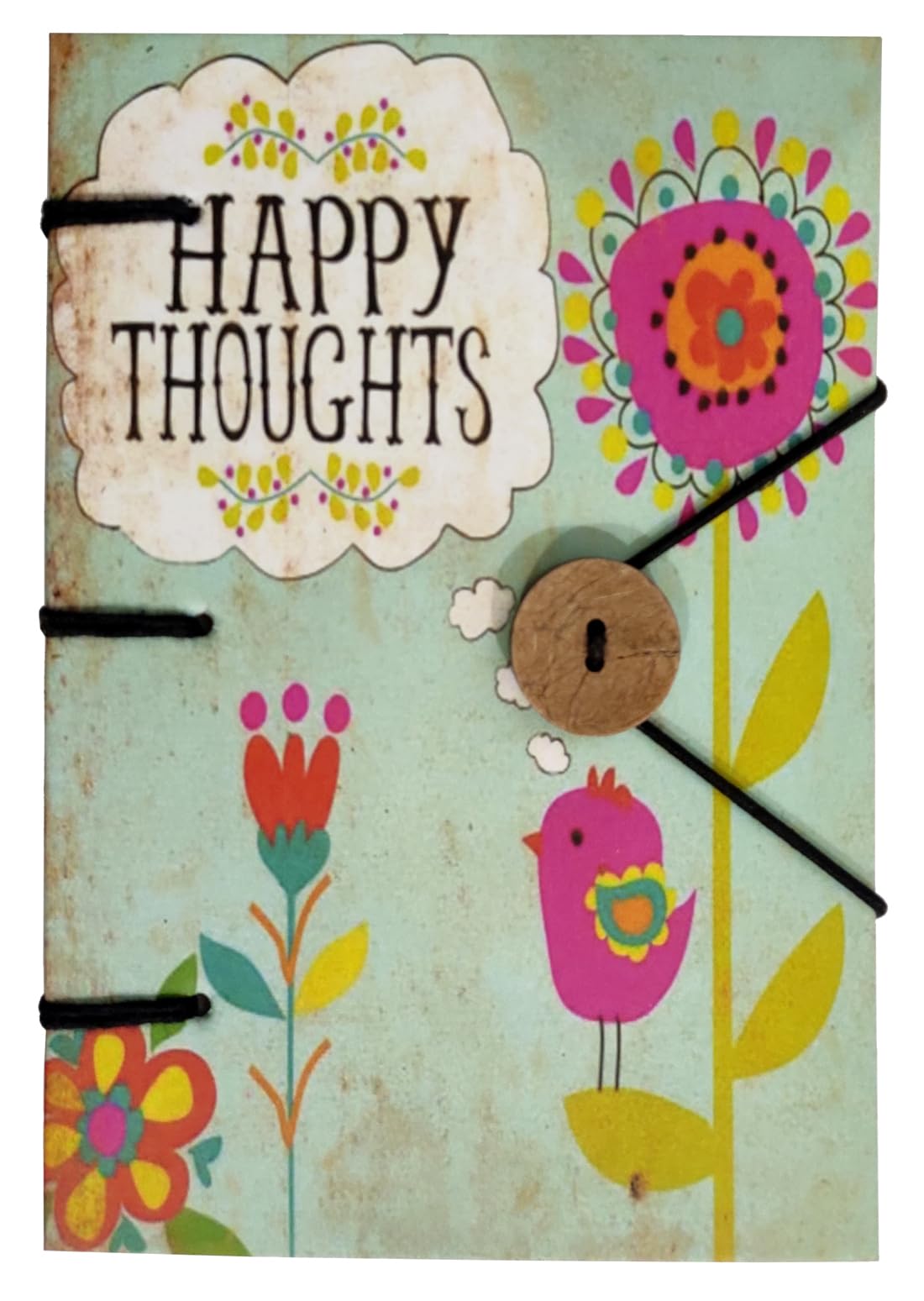 Purpledip Paper Vintage Diary Journal 'Happy Thoughts': Handmade Paper, Hard Bound, Stretch Band With Button Closure, Eco Friendly Notepad, 7 * 5 Inches, 144 Unruled Pages (12731)