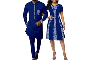 Realwax African Attire for Couple Women Print Wax Crew Neck Dress with Men Dashiki Long Vest Shirt and Pants Sets