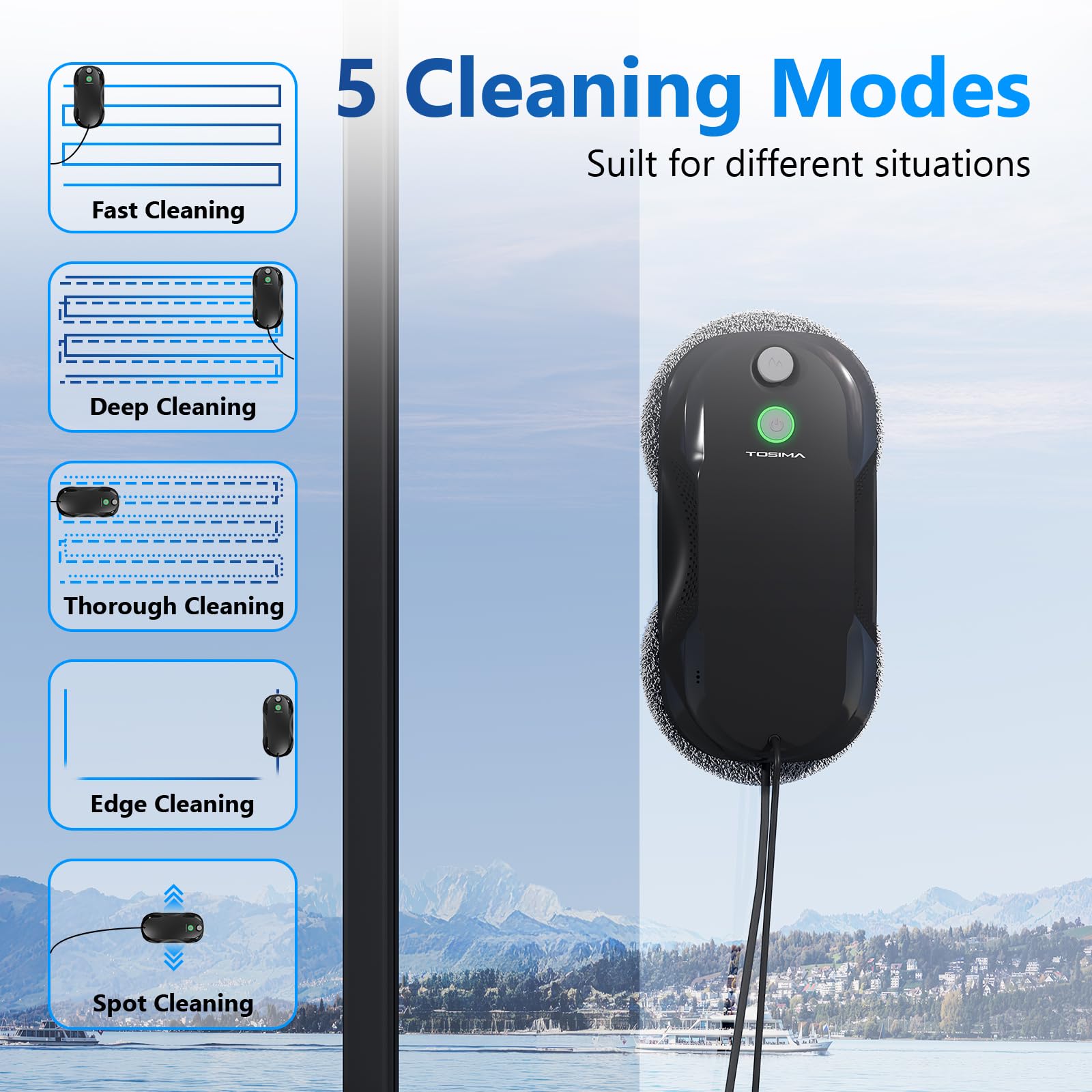 Tosima W5 Robot Limpiacristales, Limpiacristales Inteligente con Pulverización Automática de Doble Dirección con Triple Sistema de Seguridad, Navegación Inteligente, Control Remoto, para Todas Las Superficies Lisas, con 8 Trapos, Negro